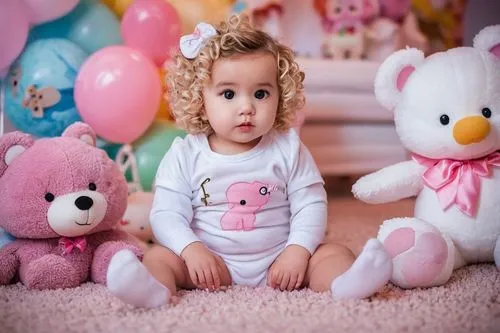 Cute baby girl, Gosachan, pink cheeks, big round eyes, blonde curly hair, tiny nose, rosy lips, white onesie with cartoon characters, soft toy in hand, sitting on a fluffy carpet, in a bright and colo