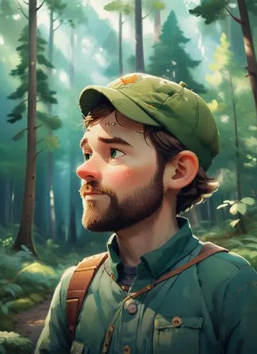 a 50 years old man walking in forester clothing, wearing a cap in a mountain forest. Full body,a man wearing a green beret standing in front of a forest,mcartor,kovic,mcarthur,survivorman,farmer in th