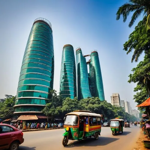 Modern Bangladeshi architecture, futuristic skyscraper, glass and steel structure, curved lines, asymmetrical shape, intricate details, vibrant colors, Islamic motifs, geometric patterns, natural ligh