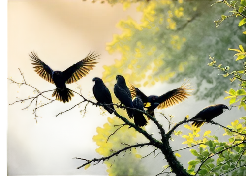 Birds, multiple birds, perched, flying, feathers, wings spread, beaks, eyes, talons, branches, trees, morning dew, soft sunlight filtering through leaves, 3/4 composition, shallow depth of field, warm