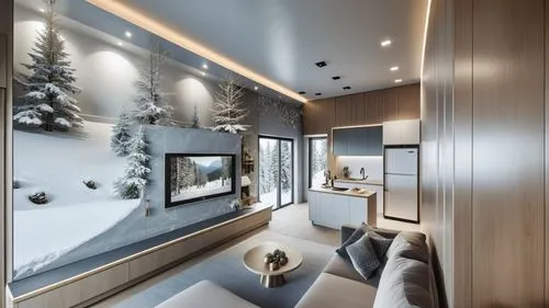 This photo features the living room and small kitchen of a hotel suite located in Puli, Taiwan. 
The design integrates elements of winter, Switzerland, and the tranquil atmosphere of the mountains, 
e