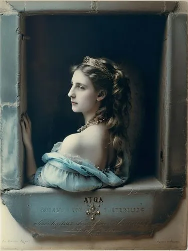 at random,an old - fashioned image of a woman in a blue dress looking out of a window,tintype,daguerreotype,tintypes,ambrotype,autochrome,vintage female portrait,Photography,Black and white photograph