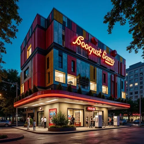 Vibrant gas station, eclectic facade design, bold color scheme, irregular shapes, mixed materials, industrial pipes, neon signs, retro-futuristic elements, distressed textures, urban landscape, busy s