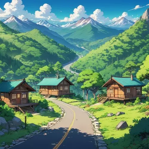 butka,mountain village,alpine village,mountain valley,mountain scene,landscape background,Illustration,Japanese style,Japanese Style 03