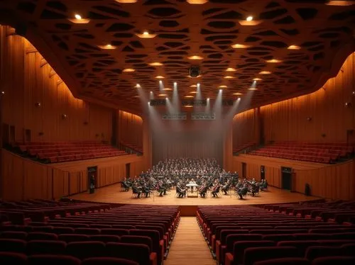 Intimate concert hall, curved wooden walls, premium soundproofing materials, suspended ceiling arrays, strategically placed speakers, optimized seating arrangement, warm ambient lighting, rich wood to