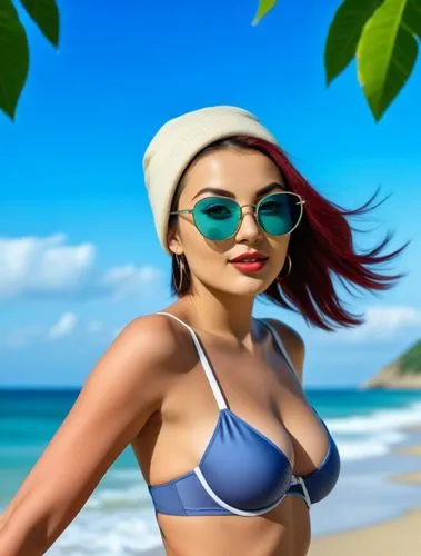 a 3d female in a bikini and hat standing on a beach,beach background,summer background,lumidee,cuba background,beach scenery,two piece swimwear