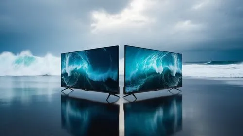 a philips under the glass. with killer wave in the background with high resolution in a dark surface,an advertit featuring the samsung flat screen televisions with ocean waves on the left and dark clo