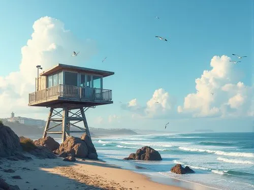 lifeguard tower,lookout tower,beach hut,watch tower,watchtowers,beach house,seaside resort,beachfront,oceanfront,seaside country,watchtower,pigeon point,beachhouse,lighthouse,observation tower,beach landscape,fisherman's hut,seaside view,ocean view,trestles,Photography,General,Realistic