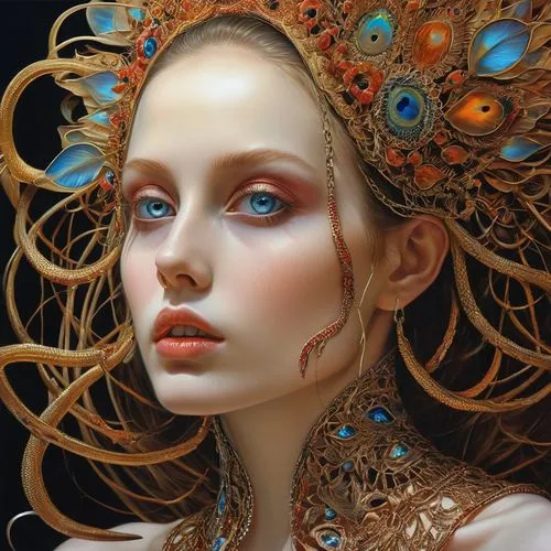 fantasy art,fantasy portrait,mystical portrait of a girl,faery,headdress,golden wreath,jeweled,golden crown,faerie,the enchantress,dryad,fairy queen,headpiece,drusy,gold filigree,priestess,boho art,embellished,fractals art,filigree,Photography,General,Realistic