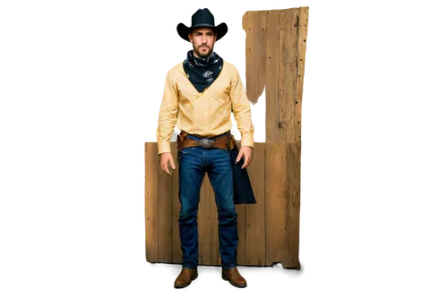 Wanted poster, old western style, torn edges, yellowed paper, bold black font, cowboy hat, bandana, leather boots, rugged facial features, bushy eyebrows, sharp jawline, holstered gun, wooden backgrou