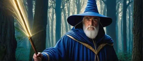 Wizard man, muscular build, white beard, pointed hat, blue robe with golden trim, holding wooden staff, wise eyes, bushy eyebrows, standing in a dimly lit, mystical forest, surrounded by ancient trees