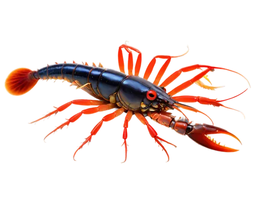 Crayfish, transparent background, freshwater creature, bright red eyes, long antennae, segmented shell, multiple legs, claws, detailed texture, shiny surface, slightly curved posture, frontal view, so