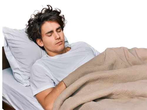 sick boy, lying in bed, messy hair, pale skin, sweat droplets on forehead, worn-out expression, thin blanket, white shirt, loose pants, bare feet, morning light, soft focus, warm color tone, shallow d