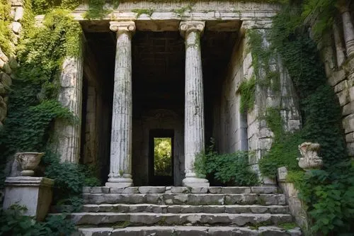 Ancient Greek temple, grandiose entrance, intricate stone carvings, ornate columns, majestic stairs, elegant arches, detailed sculptures, weathered stones, rustic textures, moss-covered walls, overgro