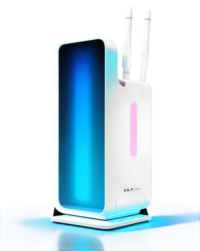 wireless router, modern design, sleek shape, glowing blue LED lights, signal strength indicator, USB ports, Ethernet port, white plastic material, high-tech texture, 3/4 composition, softbox lighting,