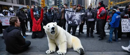 Protesters, including one dressed as a polar bear, sit at the intersection of Wall St. and Broad St. in New York.,fridays for future,extinction rebellion,polar bears,polar,polar fleece,protesting,clim