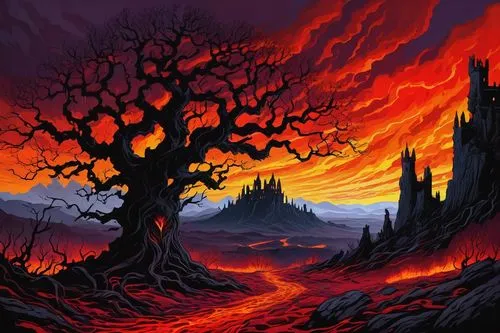 halloween background,scorched earth,castlevania,mordor,darklands,halloween bare trees,fire background,firelands,volcanic landscape,cartoon video game background,fantasy landscape,volcanic,blackmoor,halloween wallpaper,deadmarsh,burning bush,forest fire,burned land,dusk background,burnt tree,Illustration,Black and White,Black and White 21