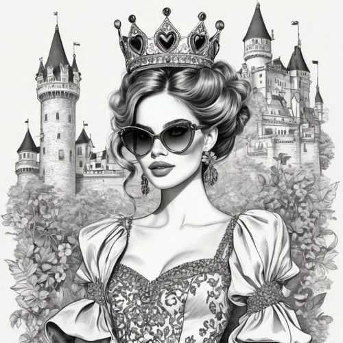 queen of hearts,vintage illustration,fantasyland,disneyfied,prinzessin,coloring page,Illustration,Black and White,Black and White 30