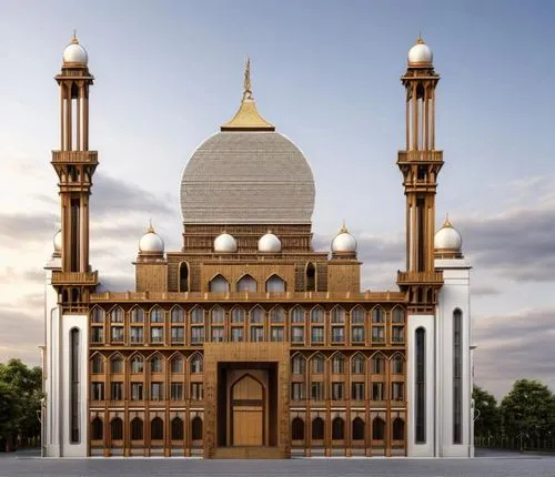 a big brown and white building sitting in front of trees,islamic architectural,grand mosque,big mosque,star mosque,uloom,khorramshahi,Architecture,Campus Building,African Tradition,Floating Homes