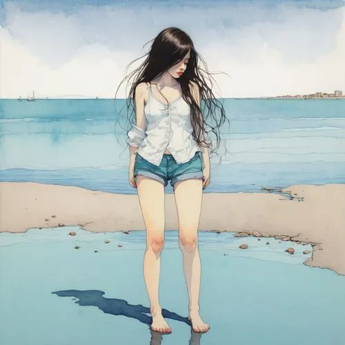 hoshihananomia,jiaying,tangye,tomie,seashore,beach background,beachgoer,jasinski,saltwater,seabed,blue waters,ocean blue,on the shore,blue hawaii,watercolor blue,the shallow sea,seaside,summerwind,blue water,seafoam,Illustration,Paper based,Paper Based 19