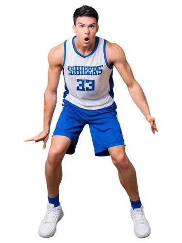 Young man, basketball player, athletic build, muscular arms, sweaty forehead, determined facial expression, short black hair, white jersey, blue shorts, sneakers, dribbling, jumping, throwing, dynamic