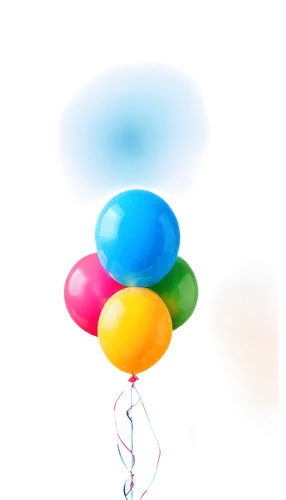 Birthday balloon, shiny surface, vibrant colors, helium-filled, tied with ribbon, floating in air, solo, close-up, soft focus, warm lighting, pastel color tone, 1/2 composition, shallow depth of field