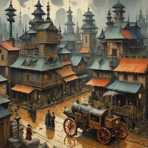 medieval town,medieval street,ancient city,pingyao,medieval market,escher village,Art,Artistic Painting,Artistic Painting 35