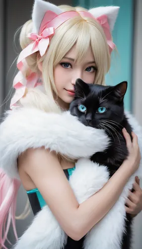 cat kawaii,cosplay image,nyan,doll cat,cute cat,cosplay,purr,alice,kitty,black cat,cat tail,meow,cat love,two cats,pink cat,cat lovers,hug,hugging,cat ears,stray cat,Conceptual Art,Fantasy,Fantasy 11