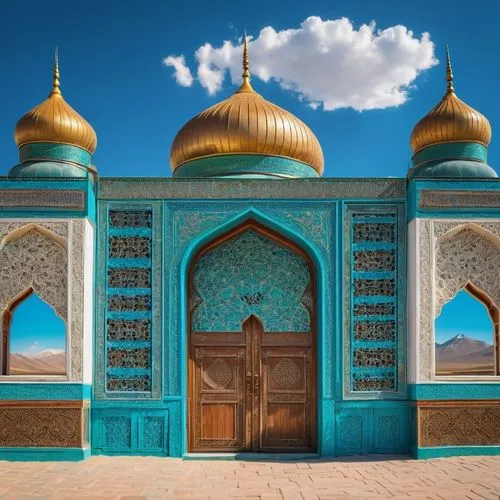 Traditional Kazakh architecture, colorful Islamic patterns, intricate geometric shapes, grandiose entrance, majestic domes, vibrant turquoise roofs, ornate wooden doors, detailed stonework, symmetrica