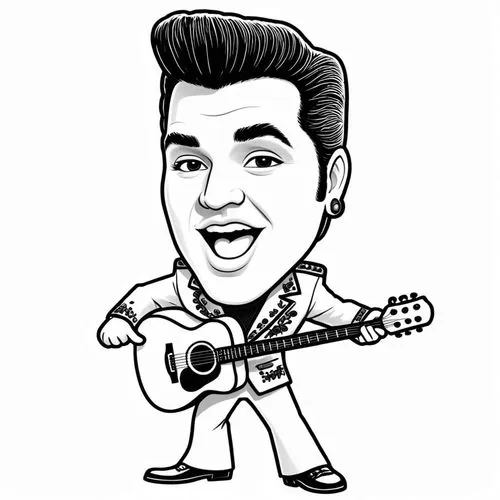 pencil drawing style  Julius Leblanc Stewart Caricature style drawing of a celebrity, big head, small body, exaggerated facial expressions. A 3D animated character resembling Elvis Presley, wearing a 