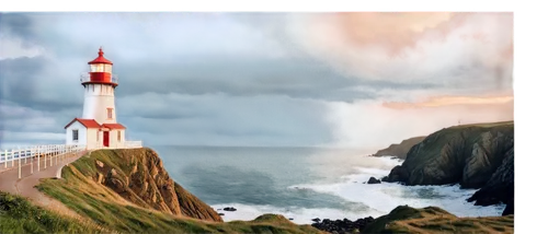 Lighthouse, coastal scenery, tall structure, cylindrical body, lantern room, spiral staircase, Fresnel lens, warm lighting, dramatic clouds, rugged coastline, rocky shores, crashing waves, misty atmos