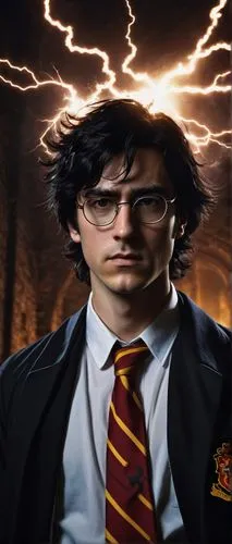 Forehead, lightning-shaped scar, messy black hair, glasses, white shirt, Gryffindor tie, Hogwarts robe, standing, leaning forward slightly, intense expression, magical sparks around, dark mysterious b