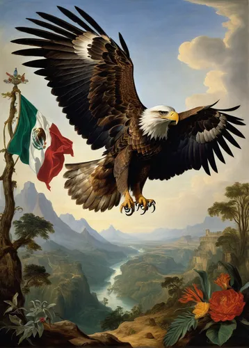 Picture a mythical scenario where an enchanted eagle comes to life from the Mexican flag and embarks on a magical journey.,eagle illustration,guatemalan quetzal,italian flag,italy flag,quetzal,eagles,