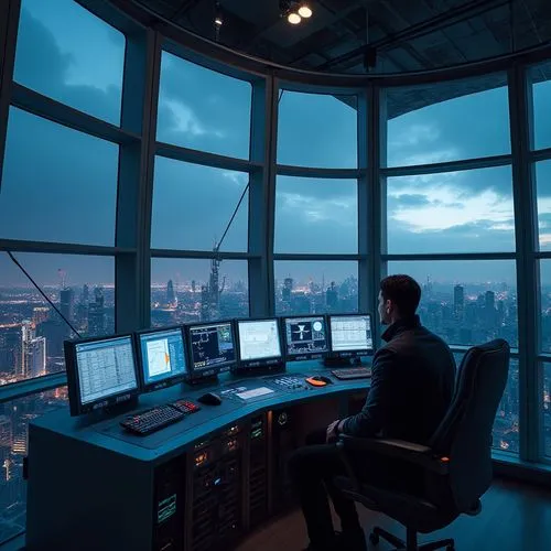 control center,trading floor,eurocontrol,skydeck,above the city,control desk,skyloft,skyscraping,sky city tower view,air traffic,modern office,the observation deck,observation deck,computer room,flightdeck,skyview,oscorp,dispatcher,pc tower,lookout tower,Photography,General,Realistic