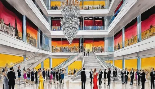 Modern art museum, architecture month, nighttime, cityscape, skyscraper backdrop, grand staircase, marble floors, contemporary sculptures, abstract paintings, spotlights, elegant chandeliers, sophisti