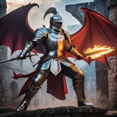 Medieval, male, muscular, knight, solo, full-body armor, helmet with visor, cape flowing behind, broadsword, shield with crest, intense facial expression, fierce eyes, strong jawline, fighting pose, d