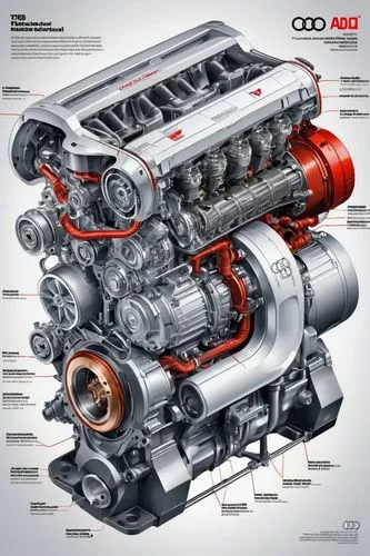 an industrial design sketch of a beautiful motor 2.5 TFSI (Audi) concept model, close up, futuristic style with all the data related to its construction, very detailed, beautiful, perfect, very modern