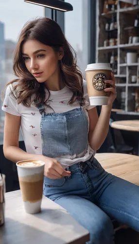 1 girl, solo, large , HoldingACupofCoffee,tshirt, jeans,  Simple-Miqote,woman drinking coffee,coffee background,barista,woman at cafe,coffeetogo,coffee cup sleeve,coffee and books,coffee zone,woman si