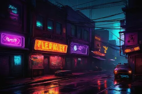 neon coffee,alleyway,alley,neon sign,neon arrows,neon lights,neon light,cyberpunk,neon drinks,neon ghosts,colorful city,neon,world digital painting,deli,digital painting,blind alley,neon candies,nightlife,rescue alley,the street,Illustration,Retro,Retro 24