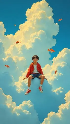 a dreamy asian student being surrounded by some oceanic fishes, the boy is sitting on the sky, between clouds. the fishes blend and transform into clouds. blue and orange color palette, sitting on a c