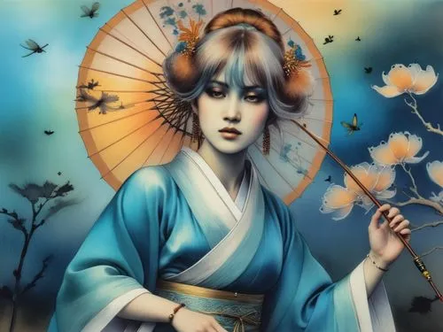 an oriental lady is holding an umbrella and flowers,kuanyin,geisha girl,geisha,oiran,amaterasu,geiko,Illustration,Japanese style,Japanese Style 21