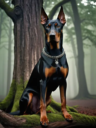 black dog, Doberman Pinscher, glossy fur, alert posture, standing, muscular build, sharp eyes, pointed ears, collar with tag, in front of an ancient tree, twisted roots, dark forest, moss-covered grou