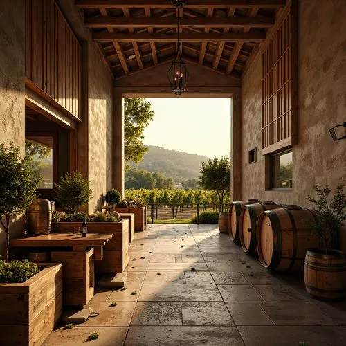 Rustic winery, earthy tones, warm beige, rich wood accents, lush vineyards, golden sunlight, rolling hills, natural stone walls, vintage wine barrels, distressed wooden crates, soft warm lighting, sha