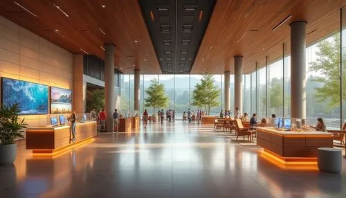 glass wall,snohetta,lobby,modern office,phototherapeutics,futuristic art museum,foyer,cupertino,hotel lobby,glass facade,sky space concept,amanresorts,home of apple,atriums,apple store,daylighting,renderings,aqua studio,hallway space,interior modern design,Photography,General,Realistic