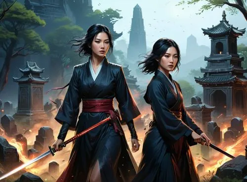 Dynamic action scene in a modern graveyard. A beautiful tall young asian woman with straight black hair and fancy court robes holds a katana and is blocking an attack from an ancient male lich with a 