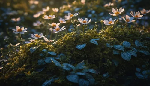 Write a beautiful poem inspired by the delicate beauty of Dryas octopetala.,wood anemones,helios44,evening light,scattered flowers,white butterflies,falling flowers,white petals,blooming grass,sunligh