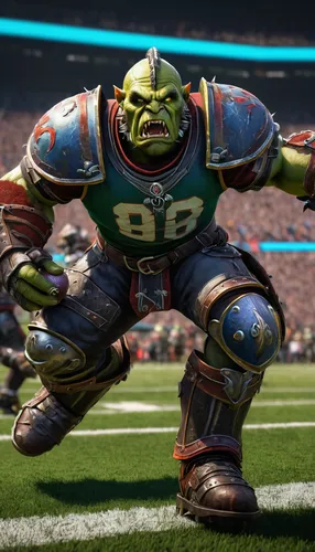 fantasy football game, Blood Bowl 3, PlayStation 5, orc team, human team, stadium, cheering crowd, dynamic lighting, detailed armor texture, aggressive poses, mid-action, leather ball, spiked shoulder