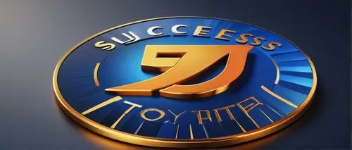 Motivation logo, golden trophy, shiny metallic material, detailed textures, bold font, inspirational words, "Success" or "Achievement", blue and orange color scheme, circular composition, 3D effect, p