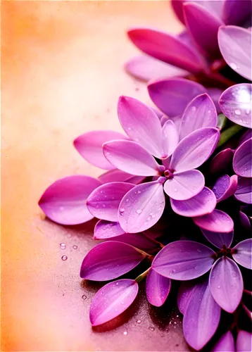 Lilac flowers, purple petals, delicate shape, soft focus, morning dew, gentle sunlight, 3/4 composition, shallow depth of field, warm color tone, cinematic lighting, close-up shot, solo, pastel colors