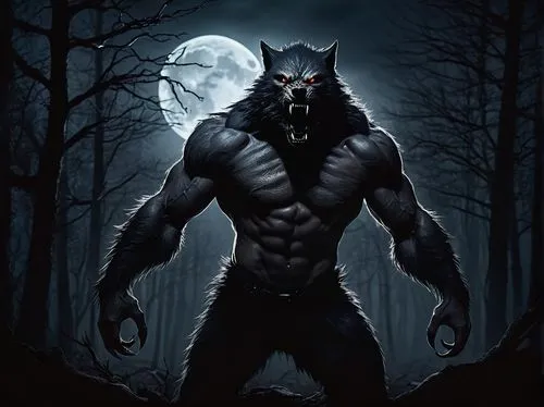 Muscular werewolf, full moon, transformation, rugged fur, sharp claws, intense eyes, strong jawline, fangs, ripped chest, abs, powerful legs, clawed hands, howling, midnight, dark forest, misty atmosp